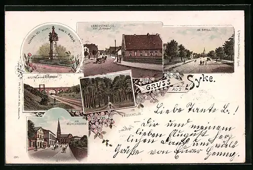 Lithographie Syke, Langestrasse vom Bahnhof her, Am Mühlendamm