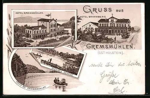 Vorläufer-Lithographie Gremsmühlen /Holstein, Hotel Brahmberg, Hotel Gremsmühlen, Dicksee Gehege, 1895