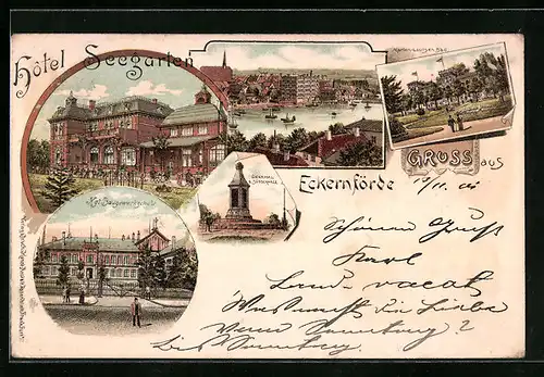 Lithographie Eckernförde, Gesamtansicht, Marien-Louisen-Bad, Königl. Baugewerkschule, Hotel Seegarten