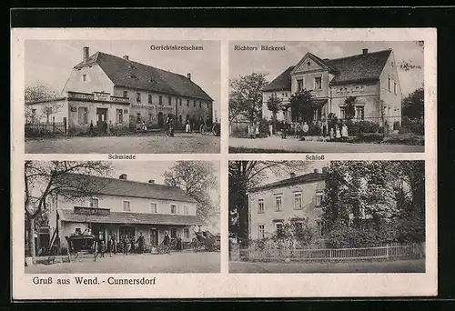AK Wendisch-Cunnersdorf, Gasthaus Gerichtskretscham, Richters Bäckerei, Schmiede