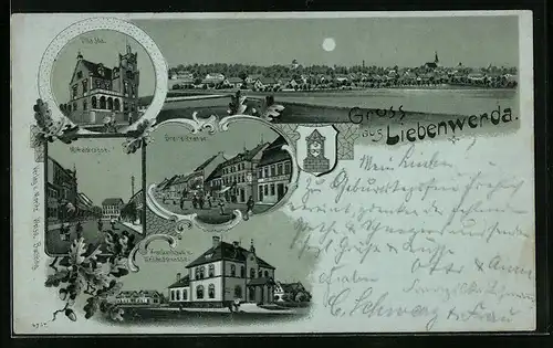 Mondschein-Lithographie Liebenwerda, Villa Ida, Totalansicht, Breite- und Mittelstrasse, Krankenhaus und Weilandstrasse