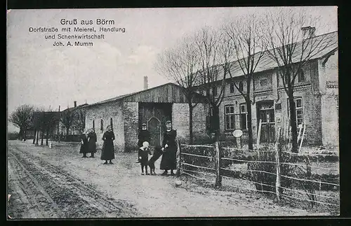 AK Börm, Dorfstrasse mit Meierei, Handlung und Gasthaus Schenkwirtschaft Joh. A. Mumm