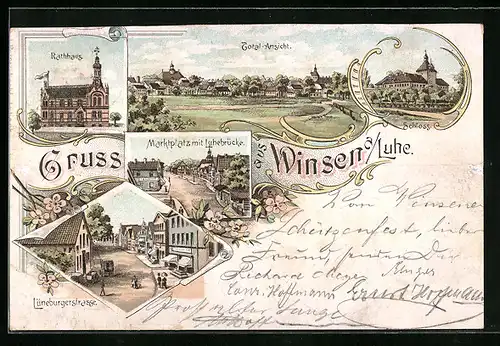 Lithographie Winsen a. Luhe, Lüneburgerstrasse, Rathaus, Schloss