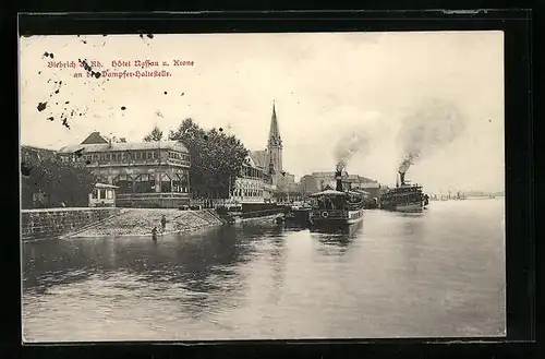 AK Biebrich a. Rhein, Blick auf das Hotel Nassau und Krone an der Dampfer Haltestelle
