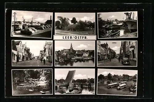 AK Leer i. Ostfr., Schiffe im Hafen, Uferanlagen, Hebebrücke, Schwanenteich, Strassenansichten