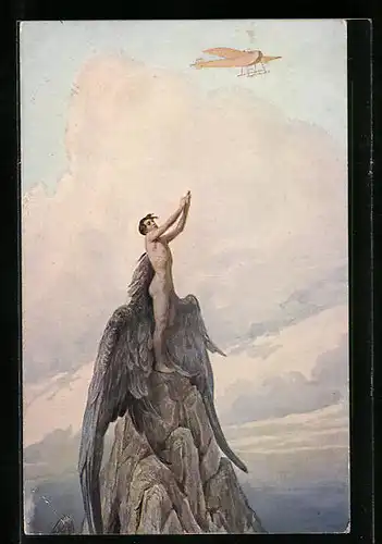 Künstler-AK S. Solomko: Traum des Ikarus, das Flugzeug über dem Engel