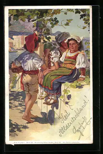 Künstler-AK H. Schubert: Damen in Volkstrachten geniessen Weintrauben