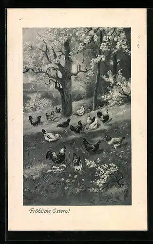 Präge-Künstler-AK Alfred Schönian: Hühner auf einer Frühlingswiese, Ostergrüsse