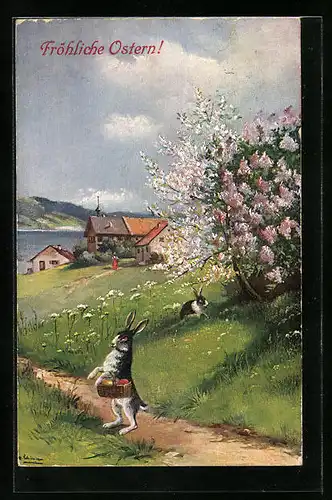 Künstler-AK Alfred Schönian: Osterhasen zur Frühlingsblüte, Ostergrüsse