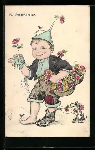Künstler-AK Willi Scheuermann: Der Rosenkavalier, Junge mit Korb voller Rosen und seinem Hund