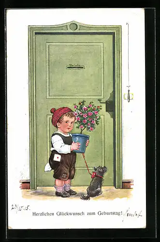 Künstler-AK Willi Scheuermann: Geburtstagsgrüsse, Junge überbringt einen kleinen Strauch