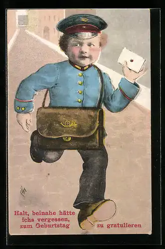 Künstler-AK Willi Scheuermann: Kleiner Postbote eilt herbei und übergibt einen Brief, Geburtstagsgrüsse