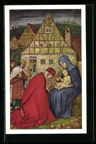 Künstler-AK Matthäus Schiestl: Adoratio S. S. Trium Regum, L`Adoration des Mages