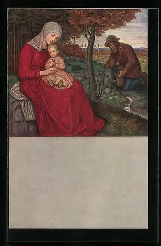 Künstler-AK Matthäus Schiestl: Die Flucht nach Ägypten, Mutter mit Kind im Schoss