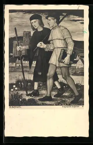 Künstler-AK Matthäus Schiestl: Fahrende Schüler, Unterwegs am Flussufer