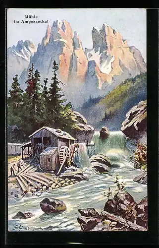 Künstler-AK Ernst Schlemo: An der Mühle im Ampezzothal