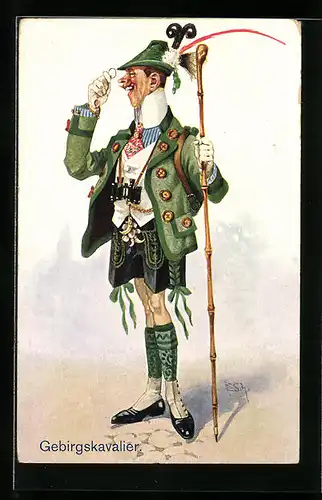 Künstler-AK Ernst Schlemo: Gebirgskavalier, in Tracht mit Gehstock