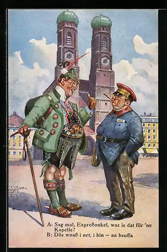 Künstler-AK Ernst Schlemo: Wanderer in Tracht fragt Expressonkel nach einem Wahrzeichen