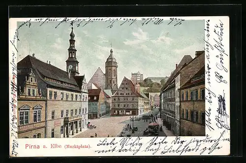 Lithographie Pirna a. Elbe, Verkaufsstände auf dem Marktplatz