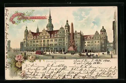 Lithographie Dresden, Strassenbahn vor dem Königl. Schloss