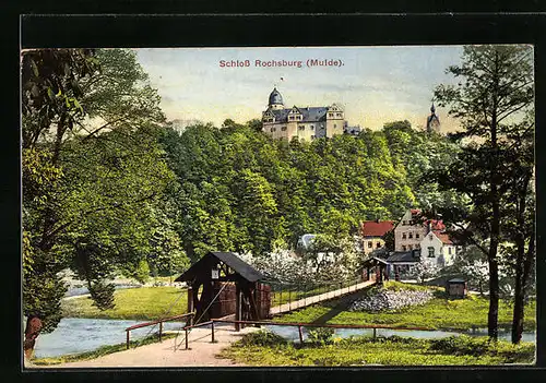 AK Rochsburg, Blick vom Muldeufer hinauf zum Schloss