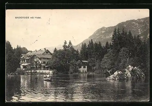 AK Grainau, Ruderboot auf dem Badersee mit Blick auf das Hotel