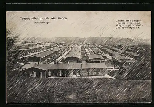 AK Münsingen, der Truppenübungsplatz, Blick auf das Barackenlager