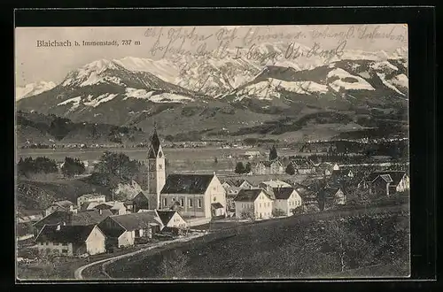 AK Blaichach b. Immenstadt, Blick auf die Kirche und die Gebirgskette dahinter