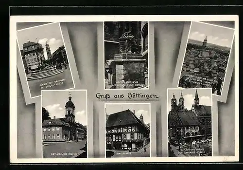 AK Göttingen, Jakobi-Kirche, Wappen am Rathausaufgang, Rathaus mit Türmen