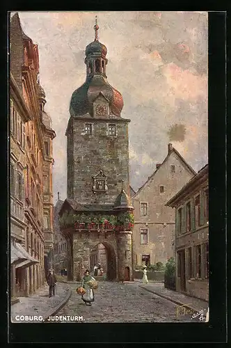 Künstler-AK Coburg, auf der Strasse hin zum Judenturm