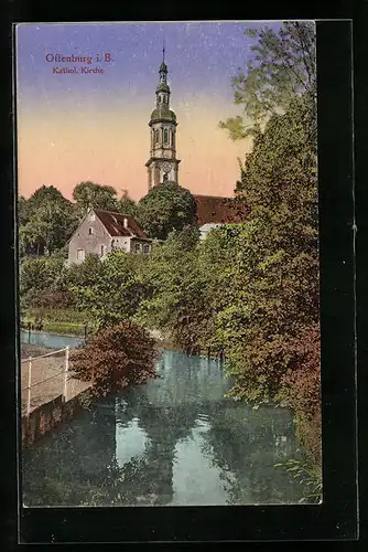 AK Offenburg i. B., Blick vom Kanal auf die kathol. Kirche
