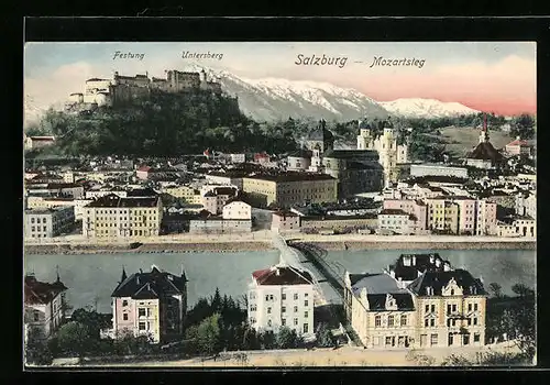 AK Salzburg, Stadtansicht, der Mozartsteg, Blick auf festung und Untersberg