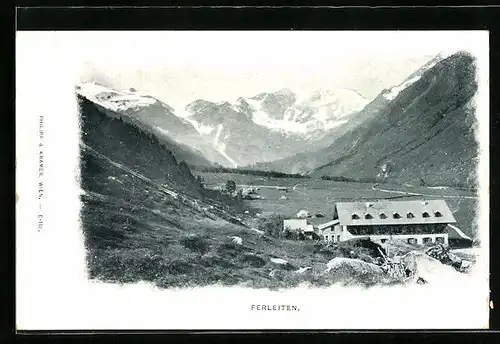 AK Ferleiten, Blick über den Gasthof auf die Berge