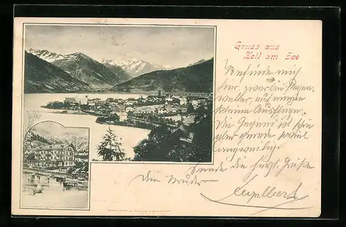 AK Zell am See, Generalansicht mit Blick gegen die Alpenspitzen, Gasthof am See