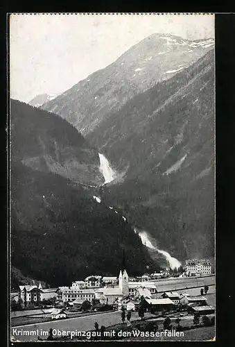 AK Krimml, Gesamtansicht mit der Kirche im Oberpinzgau mit den Wasserfällen