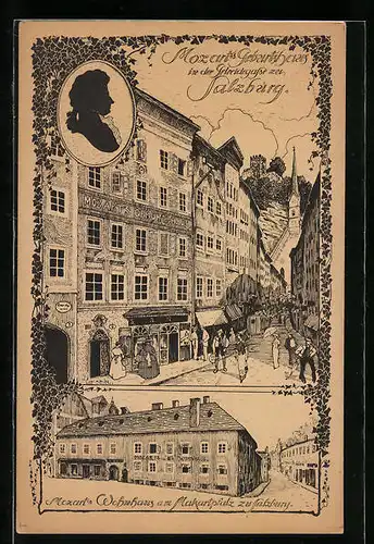 Künstler-AK Salzburg, Mozarts Geburtshaus in der Getreidegasse, Mozarts Wohnhaus am Marktplatz