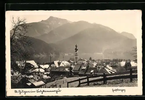 AK St. Gilgen, Gesamtansicht im Salzkammergut, Blick auf den Kirchturm