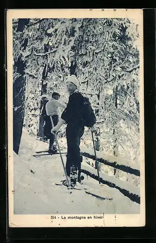 AK La Montagne en Hiver, Männer auf Skiern unterwegs in einer Schneelandschaft