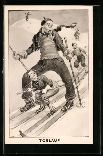 Künstler-AK Torlauf, Skifahrer in einer humoristischen Darstellung