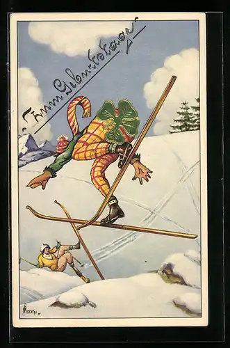 Präge-Künstler-AK Skifahrer mit goldenem Kleeblatt stürzt den schneebedeckten Hang hinunter