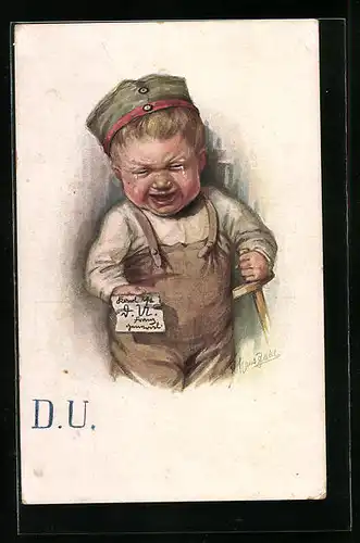 Künstler-AK H. Zahl: D.U., Junge mit Holzschwert und Schürze weint