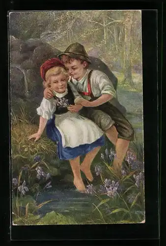Künstler-AK H. Zahl: Junges Pärchen in Volkstrachten beim Liebesgeflüster am Bachufer