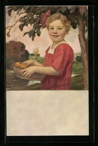Künstler-AK Ludwig von Zumbusch: Junges Mädchen im roten Kleid trägt einen Korb voller Obst