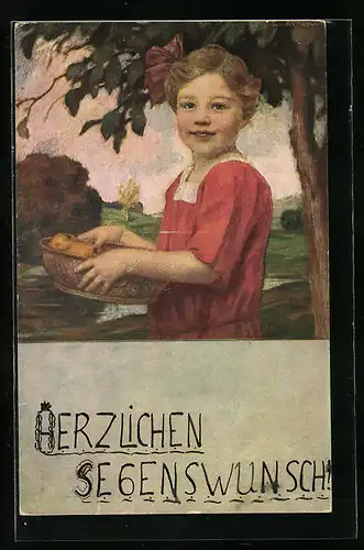 Künstler-AK Ludwig von Zumbusch: Mädchen in rotem Kleid mit Obstkorb, Herzliche Segenswünsche