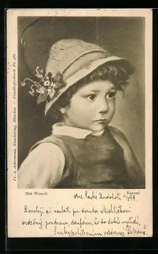 Künstler-AK Mizi Wunsch: Hanserl, kleiner Junge mit Hut und Blume
