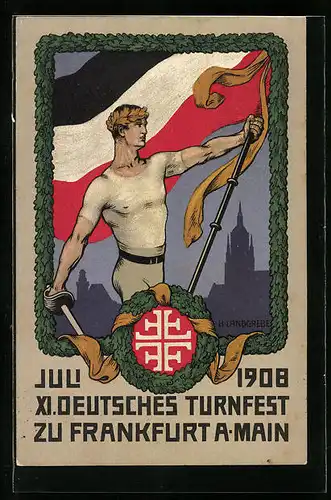 Künstler-AK Frankfurt a. Main, XI. Deutsches Turnfest im Juli 1908, Sportler mit Reichsfarben
