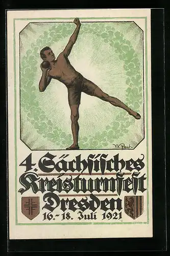 Künstler-AK Dresden, 4. Sächsisches Kreisturnfest Juli 1921, Kugelstosser