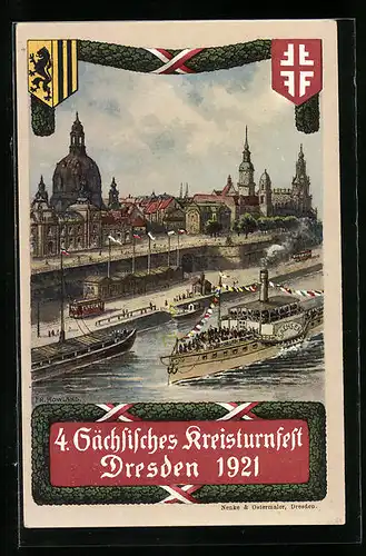 Künstler-AK Dresden, Dampfer auf der Elbe, Blick zur Frauenkirche, 4. Sächsisches Kreisturnfest 1921