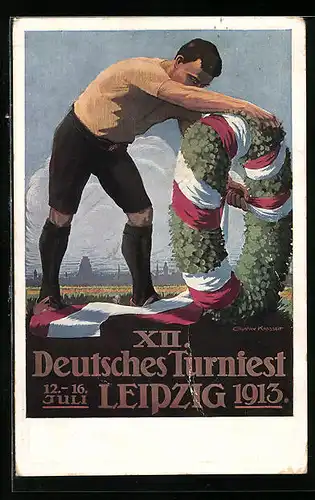 Künstler-AK Leipzig, XII. Deutsches Turnfest Juli 1913, Sportler mit Festkranz