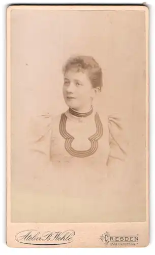 Fotografie B. Wehle, Dresden, Marienstr. 44, Portrait schönes Fräulein in prachtvoll bestickter Bluse